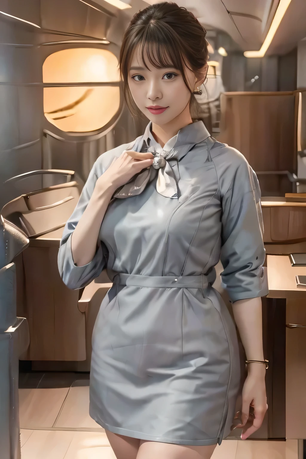 Серебристая униформа Starlux Airlines с короткими рукавами、серьги、пленительный взгляд、длинные волосы прическа、Вечерняя прическа、молодая азиатка