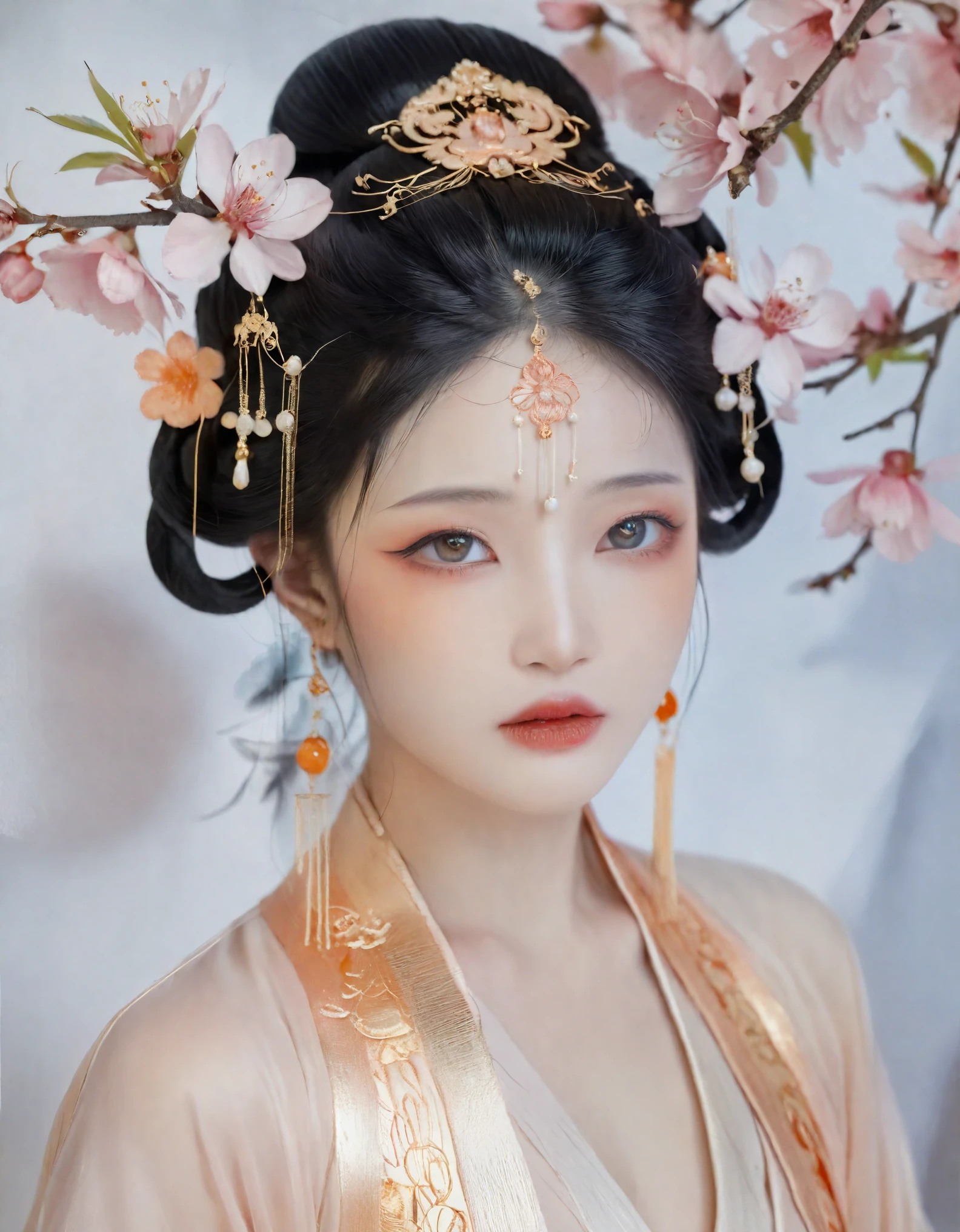 L&#39;image représente une femme d&#39;Asie de l&#39;Est vêtue d&#39;une tenue chinoise ancienne., rayonnant une aura éthérée. Elle porte un postiche en fleur de pêcher, accentuant sa peau de porcelaine et son maquillage délicat. Ses yeux sont expressifs, reflétant la tranquillité. Une douce brise anime ses cheveux, ajouter de la vitalité au portrait. Elle est drapée dans un tissu transparent avec des motifs dorés et orange., orné de bijoux exquis. L&#39;éclairage doux et la toile de fond neutre amplifient le récit, mettant en valeur sa grâce et son charme féminin. Ce gros plan est un témoignage de l&#39;héritage culturel, illustrant le summum de la photographie de mode.