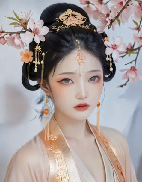 The image portrays an East Asian woman in ancient Chinese attire, radiating an ethereal aura. She wears a peach blossom hairpiec...