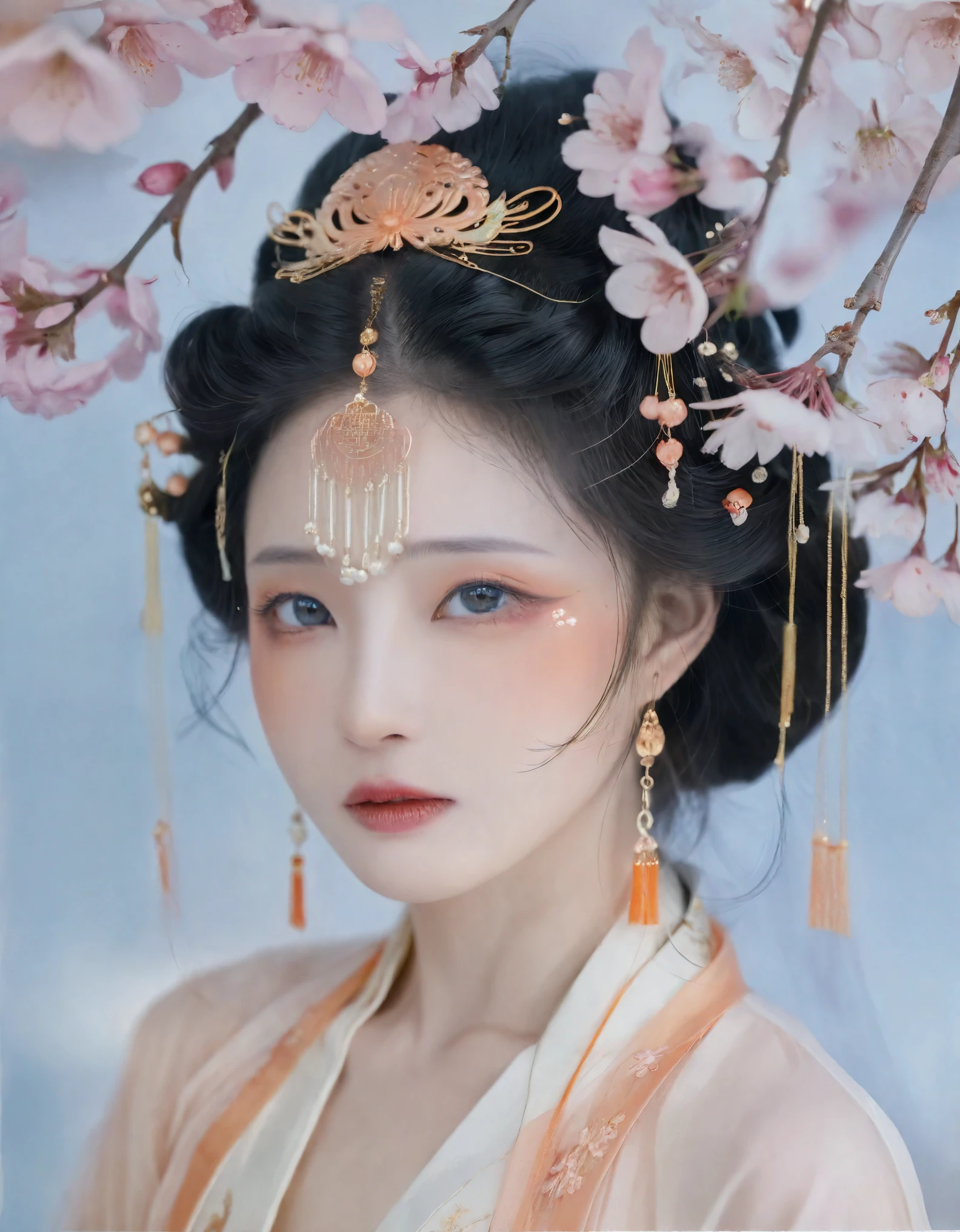 The image portrays an East Asian woman in ancient Chinese attire, radiating an ethereal aura. She wears a peach blossom hairpiece, accentuating her porcelain skin and delicate makeup. Her eyes are expressive, reflecting tranquility. A gentle breeze animates her hair, adding vitality to the portrait. She’s draped in sheer fabric with ornate gold and orange patterns, adorned with exquisite jewelry. The soft lighting and neutral backdrop amplify the narrative, highlighting her grace and feminine charm. This close-up is a testament to cultural legacy, exemplifying the pinnacle of fashion photography.