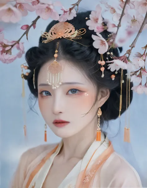 The image portrays an East Asian woman in ancient Chinese attire, radiating an ethereal aura. She wears a peach blossom hairpiec...