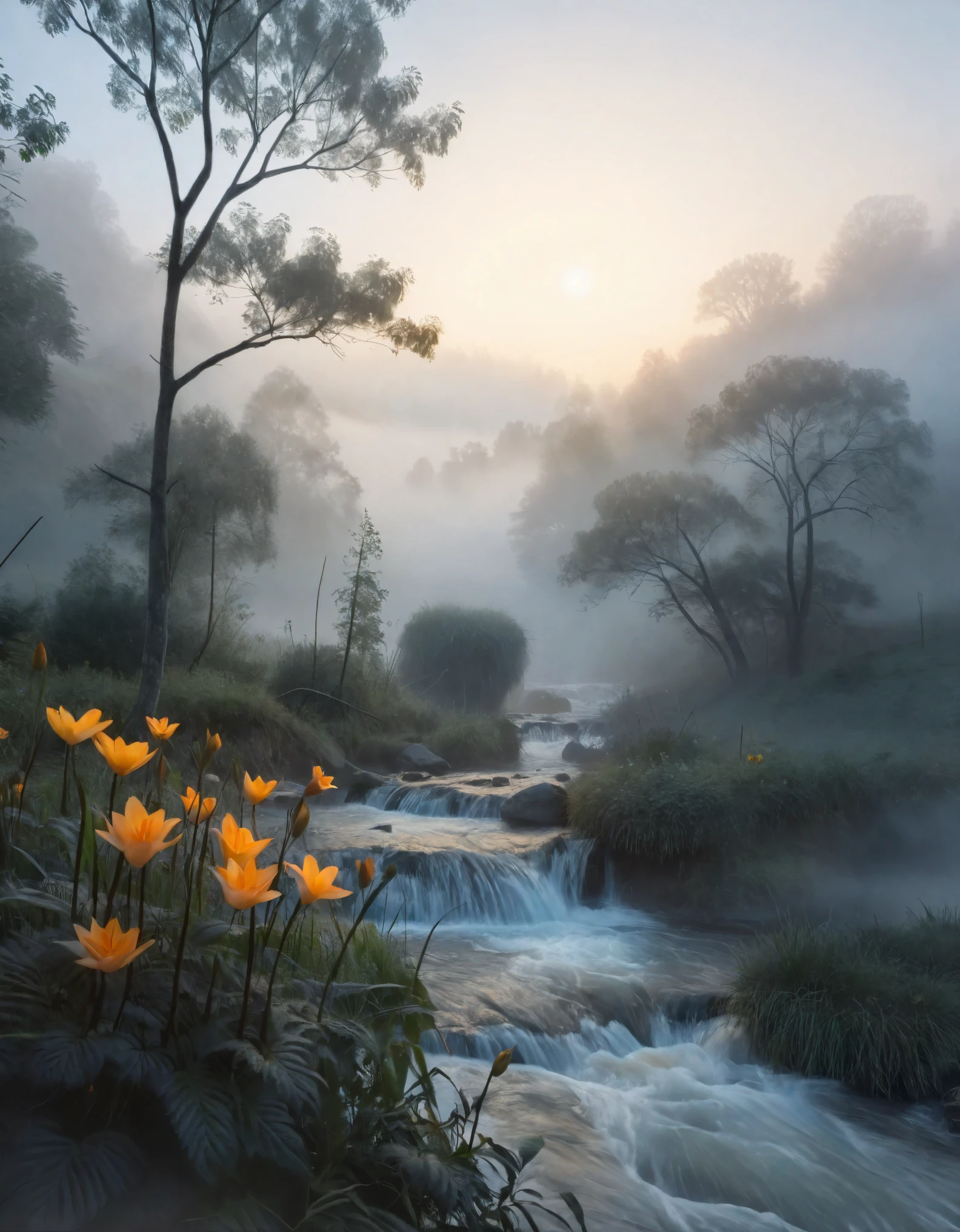Crea una imagen para un fondo de pantalla CG Unity 8K extremadamente detallado, capturando la esencia tranquila de la madrugada. La escena se desarrolla en medio de una densa, niebla brumosa que envuelve el paisaje, creando una atmósfera mística y etérea. La niebla exhibe el efecto Tyndall., dispersando la luz y añadiendo una calidad de ensueño al paisaje. Un río majestuoso, flanqueado por árboles, y una pequeña cascada se destacan entre la niebla, su belleza realzada por la suave, luz difusa del amanecer. Este entorno sereno y de otro mundo se mantiene con estándares de fotografía galardonados., centrándose en la aberración cromática, hdr, y efectos Bloom. El estilo artístico combina las influencias de Monet., Pissarro, y sisley, dando como resultado una composición cautivadora y única que resuena con la estética moderna y clásica.. esta obra de arte, mostrando la brillantez creativa de un artista a mitad de camino, está preparado para ser bien recibido en plataformas como ArtStation y CGSociety.