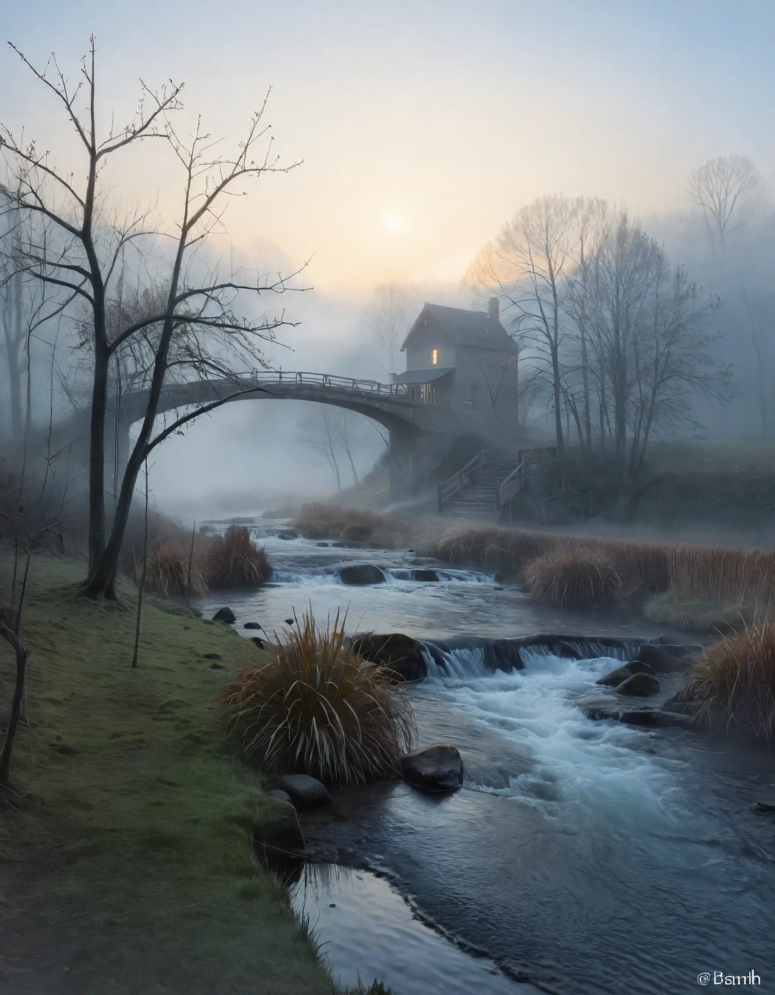 Créez une image pour un fond d&#39;écran CG Unity 8K extrêmement détaillé, capturer l&#39;essence tranquille du petit matin. La scène se déroule dans un environnement dense, brouillard brumeux qui enveloppe le paysage, créant une atmosphère mystique et éthérée. Le brouillard présente l&#39;effet Tyndall, diffuser la lumière et ajouter une qualité onirique au paysage. Une rivière majestueuse, flanqué d&#39;arbres, et une petite cascade sont mises en valeur à travers le brouillard, leur beauté rehaussée par la douceur, lumière diffuse de l&#39;aube. Ce cadre serein et surnaturel est entretenu avec des normes photographiques primées, se concentrer sur l&#39;aberration chromatique, hdr, et effets Bloom. Le style artistique mélange les influences de Monet, Pissarro, et Sisley, résultant en une composition captivante et unique qui résonne avec l&#39;esthétique moderne et classique. Cette œuvre d&#39;art, mettant en valeur le génie créatif d&#39;un artiste à mi-parcours, est sur le point d&#39;être bien accueilli sur des plateformes comme ArtStation et CGSociety.