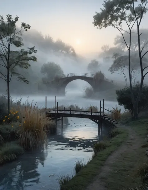 Create an image for an extremely detailed CG Unity 8K wallpaper, capturing the tranquil essence of early morning. The scene is s...