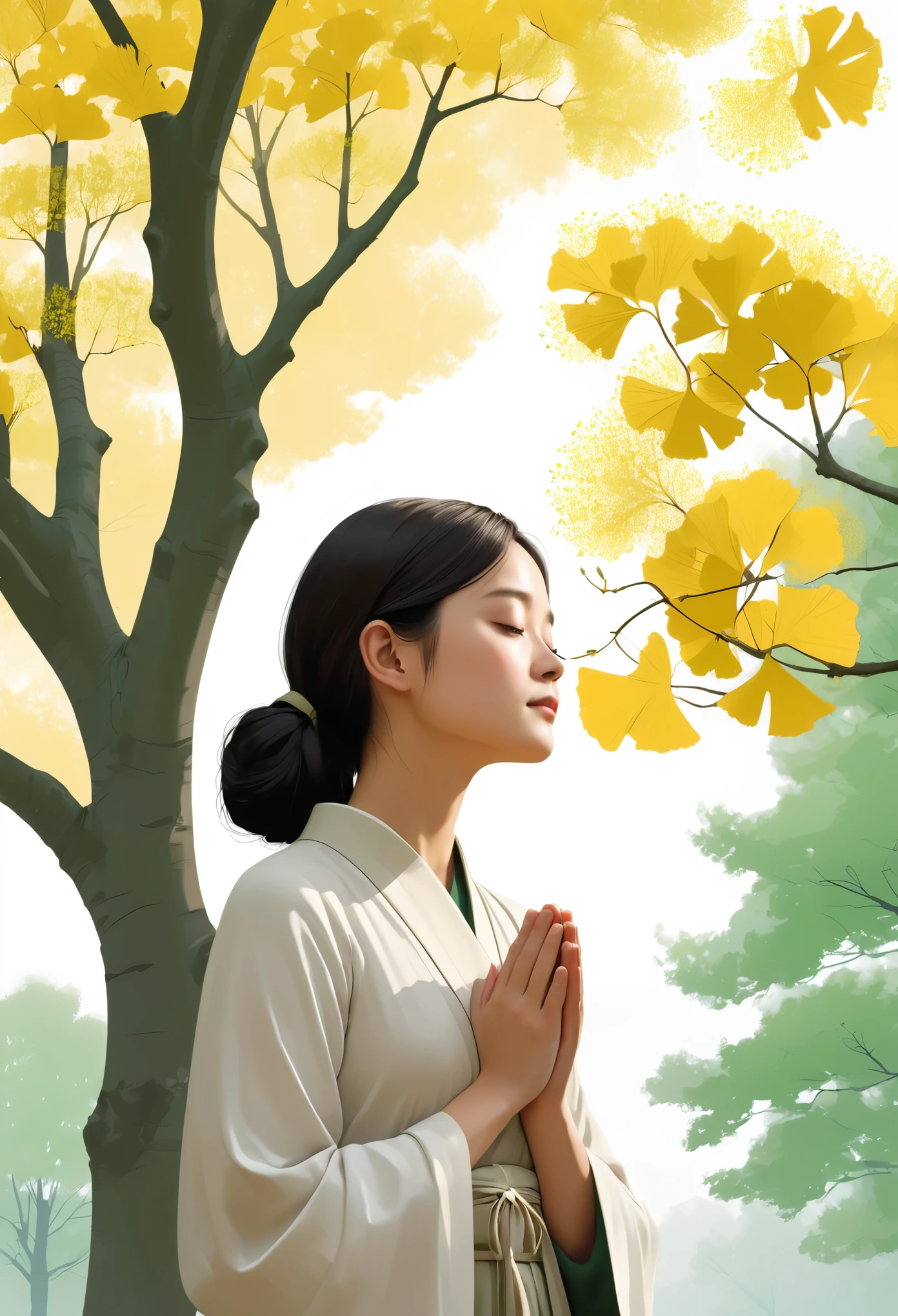 Minimalist Journey,The girl places her hands together in front of her chest, her head slightly tilted, as if engaging in a prayer, exuding devotion and tranquility, under the ginkgo tree, dutch angle,Minimalism, illustration.