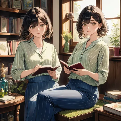 ((Very detailed), #c2894b Background, book store, window, afternoon, sunlight, Cozy atmosphere, Lots of bookshelves, Detailed an...