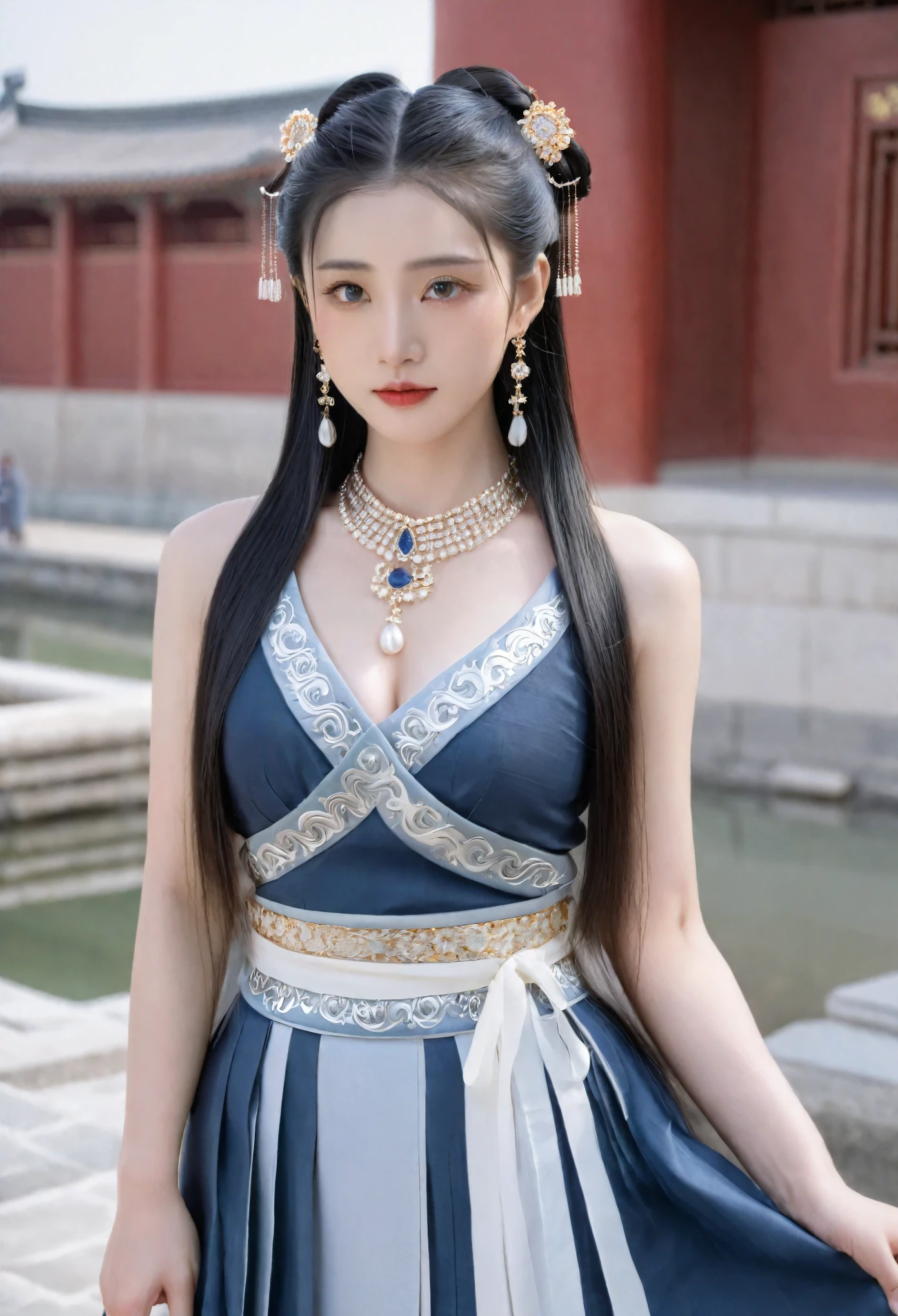 (photorealistic, best quality, ultra high res, extremely detailed eyes and face:1.3),(1girl, solo:1.3),skirt,jewelry,long_hair,necklace,earrings,perfect body,standing,large breasts,looking at viewer,chinese clothes,china dress,hanfu,