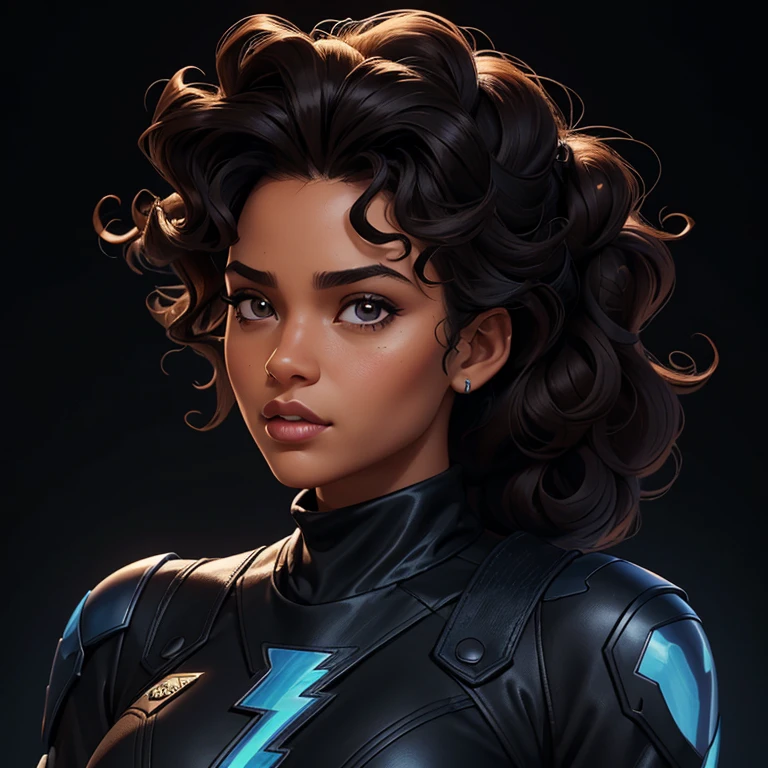 ((Personaje femenino negro estilo juego free fire.)), ((mujer arafa))((African-American Asian)), ((Con el pelo negro y rizado recogido con algunos mechones sueltos.)), ((Y una blusa negra de manga larga compró un cuello alto escrito Chica)),((Ella está frente a la cámara mirando hacia un lado., fondo negro y rayo azul))Chica negro, con cabello rizado y que parece bastante voluminoso.El estilo natural de los rizos sugiere que el cabello tiene una textura que conserva bien la forma de los rizos.. Fondo de imagen negra de ojos marrones oscuros con relámpago azul