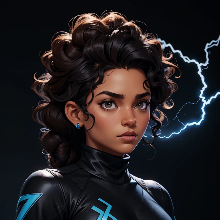 ((Personaje femenino negro estilo juego free fire.)), ((mujer arafa))((African-American Asian)), ((Con el pelo negro y rizado recogido con algunos mechones sueltos.)), ((Y una blusa negra de manga larga compró un cuello alto escrito Chica)),((Ella está frente a la cámara mirando hacia un lado., fondo negro y rayo azul))Chica negro, con cabello rizado y que parece bastante voluminoso.El estilo natural de los rizos sugiere que el cabello tiene una textura que conserva bien la forma de los rizos.. Fondo de imagen negra de ojos marrones oscuros con relámpago azul