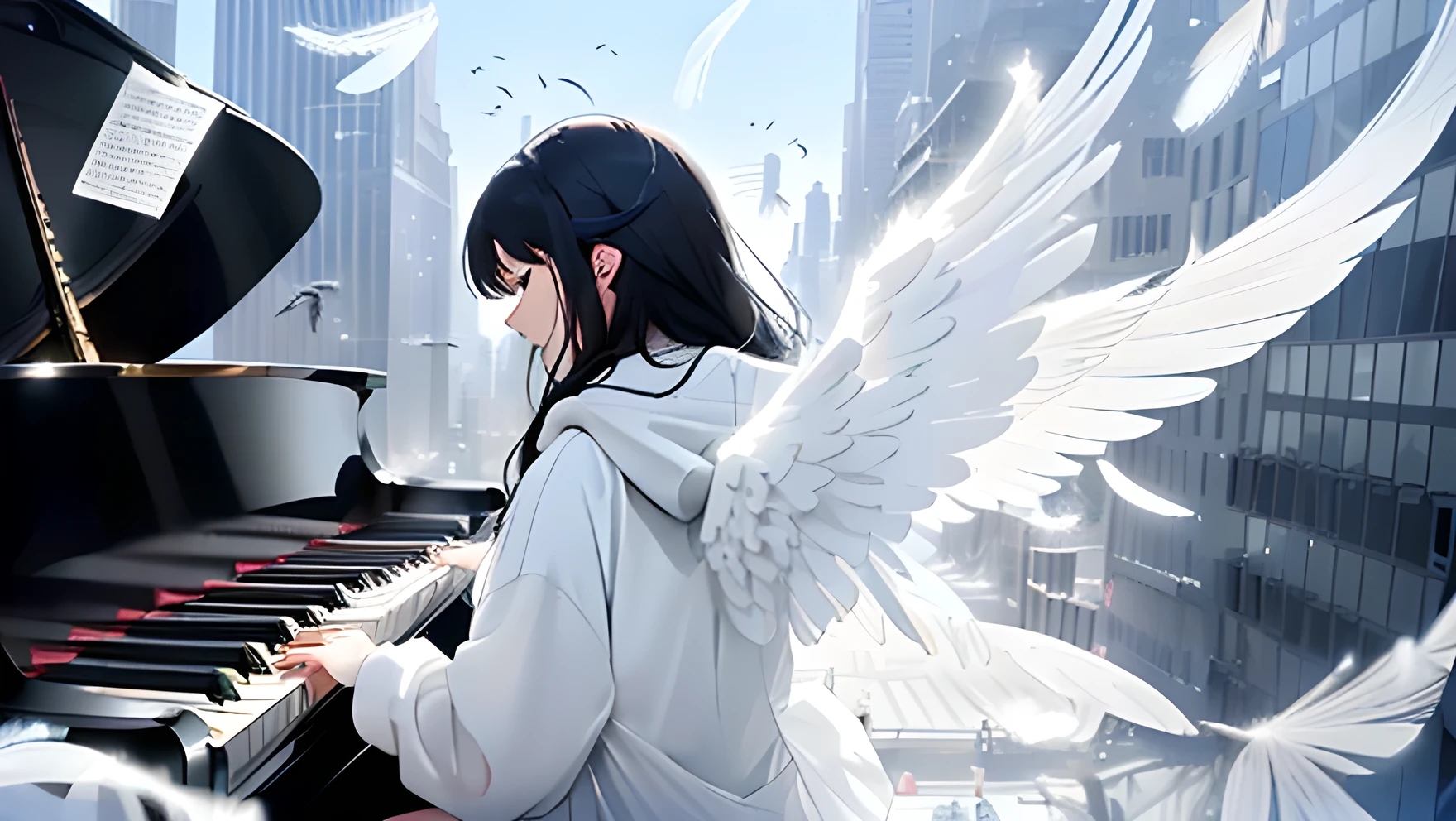 ((countless feathers in the sky)), high quality, grand piano on top of skyscraper, lone pianist, angel, ((woman in white hoodie playing piano and singing)), ((woman has two large white translucent multi- meter wings on her back)), cool woman, playing in crowd, fantastic, New York City scenery, long black hair. ((Only two wings))
