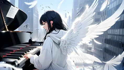 ((countless feathers in the sky)), high quality, grand piano on top of skyscraper, lone pianist, angel, ((woman in white hoodie ...