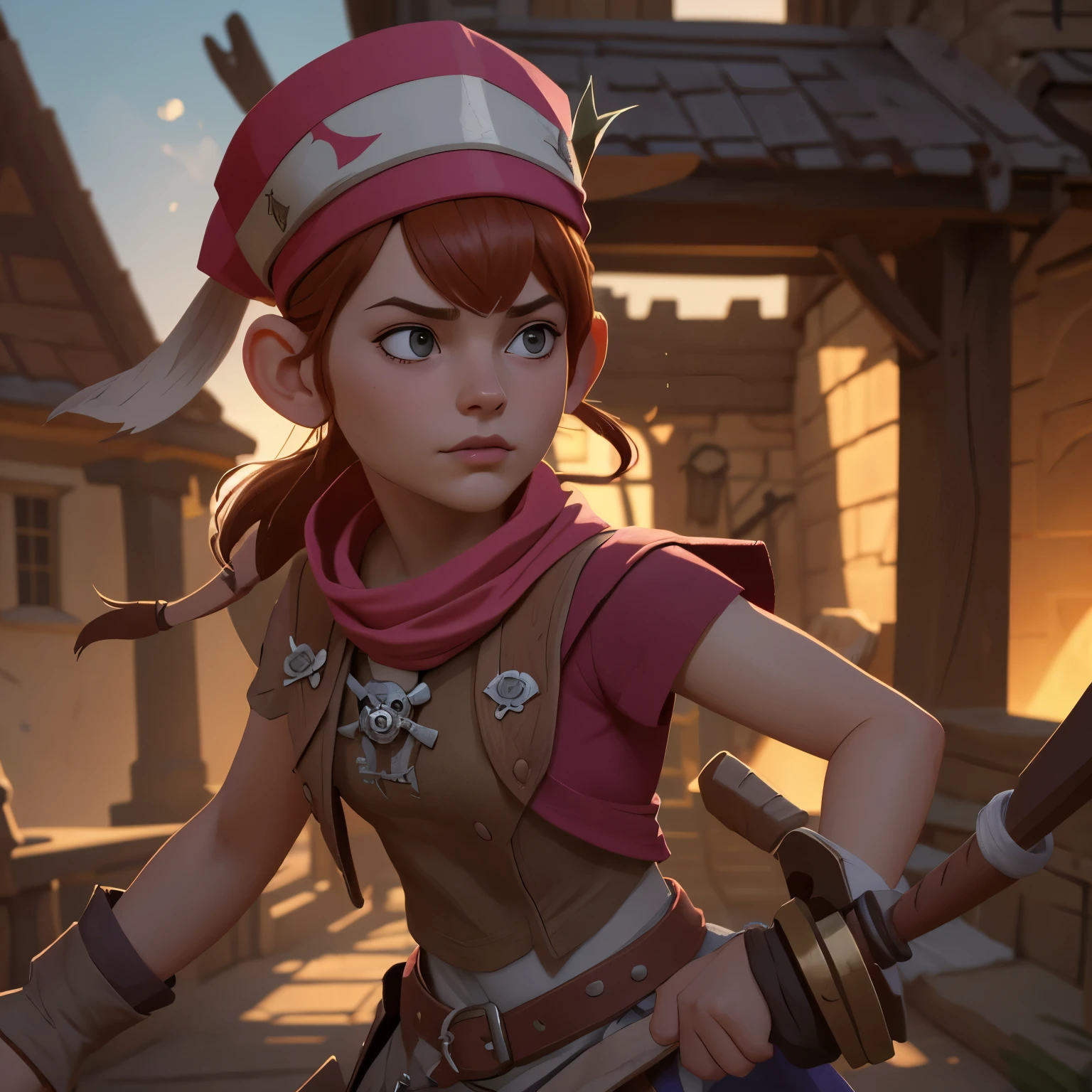 fantasy art 8k,
pmmkr2024, 10 years old girl in pirate,best quality, trending on artstation,Best quality, masterpiece, ultra-high resolution, house in the background, 8k, (Light and Shadow Effect), (Depth of Field Effect).pirate outfit,red bandana,pirate sword