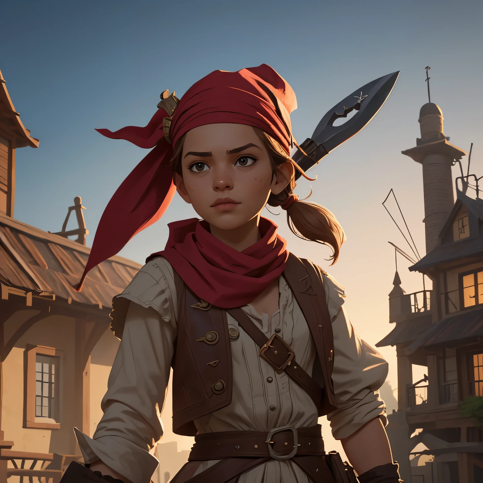 fantasy art 8k,
pmmkr2024, 10 years old girl in pirate,best quality, trending on artstation,Best quality, masterpiece, ultra-high resolution, house in the background, 8k, (Light and Shadow Effect), (Depth of Field Effect).pirate outfit,red bandana,pirate sword