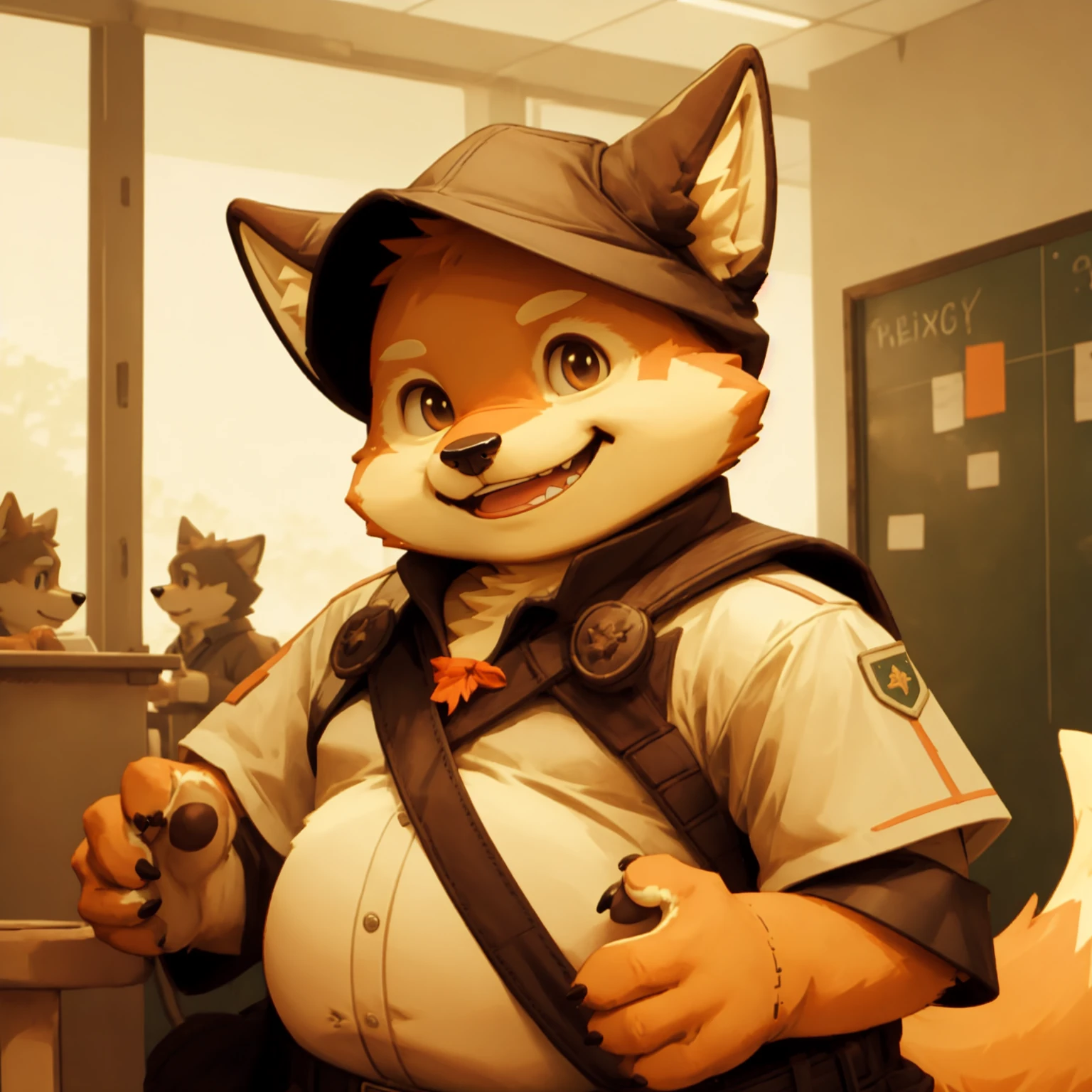 New Jersey 5 Furry，fox，portrait,Exquisite，Chubby，Orange plush fur，Cute face，child，School，Scout costumes，Play，Smile