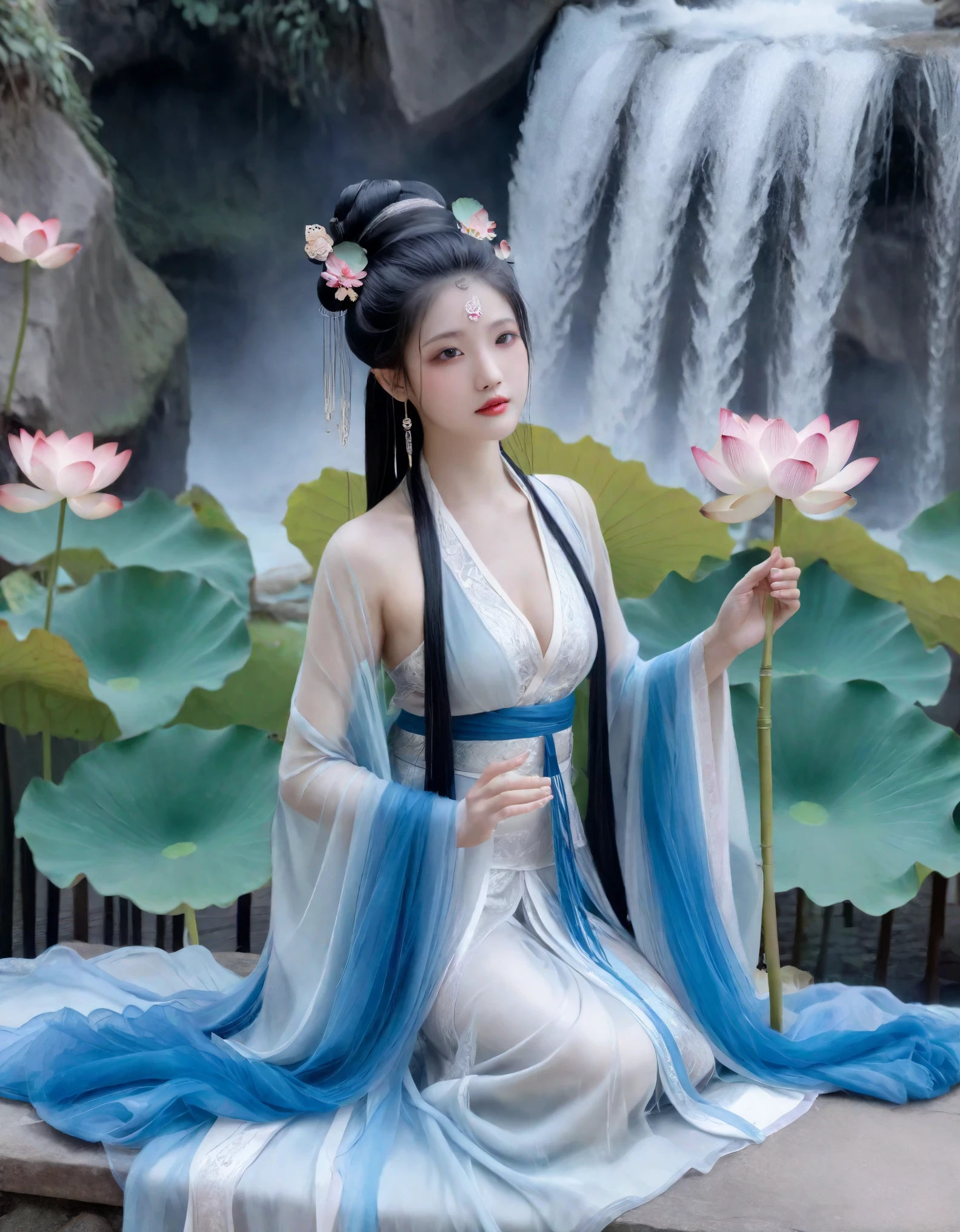 Seated upon a timeless stone, a Chinese beauty encapsulates the grace of ancient eras. Draped in traditional Chinese attire, her flowing blue tulle and light silk ensemble billows gently, echoing the ethereal elegance of bygone dynasties. She assumes aLazy posture, a serene contrast to the bustling world beyond, surrounded by the tranquility of a large lotus leaf and the serene beauty of lotus flowers. The scene is rendered in an ink painting style, celebrating theclean colors and decisive strokes that speak of a simpler, yet profound, artistic expression. The composition is balanced with whitespace, creating a mode of visual harmony that befits a masterpiece. This ultra-detailed epic creation is a testament to high quality andUltra HD precision, boasting anatomically correct features and textured skin that bring the subject to life. An award-worthy rendition, this 8k masterpiece stands as a celebration of art’s timeless allure.