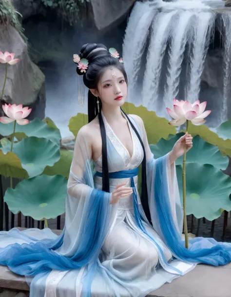 Seated upon a timeless stone, a Chinese beauty encapsulates the grace of ancient eras. Draped in traditional Chinese attire, her...