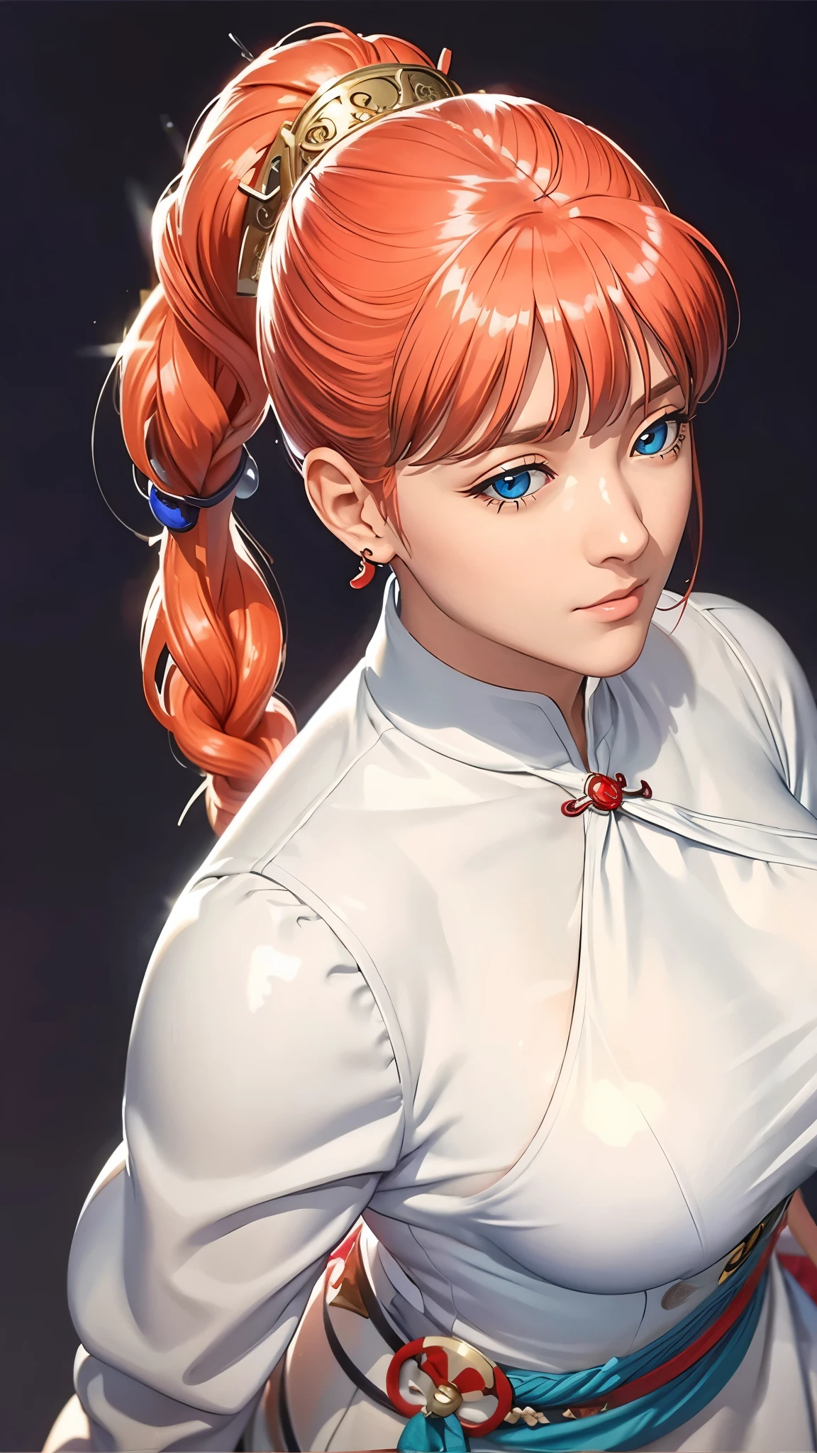 （（（完美figure，figure，solo， （（（White gilded cheongsam ））），（（（long hair, hair ornament, hair over shoulder, braid, single braid,  orange red hair, blue eyes））），((masterpiece)),high resolution, ((Best quality at best))，masterpiece，quality，Best quality，（（（ Exquisite facial features，Looking at the audience,There is light in the eyes，(（（Smile））)，））），型figure:1.7））），（（（Light and shadow，Huge breasts））），（（（Looking at the camera，black background））