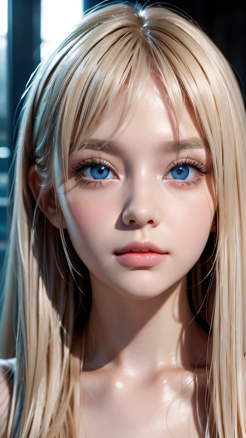 highest quality、masterpiece、(Realistic:1.4)、One very beautiful, naturally platinum blonde super girl、bangs over eyes、Super long, shining blonde hair、Very beautiful, large, bright blue eyes、Very big eyes、front、Detailed face、Beautiful Eyes、Small Face Beauty、16 year old beautiful girl、Cheek gloss highlight、