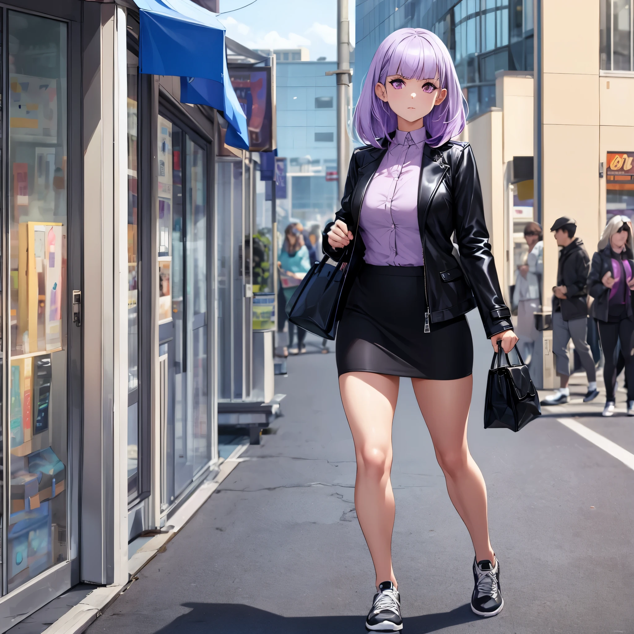 A woman wearing a black leather coat, lilac shirt, black skirt, exposed thigh, sports shoes, weak lilac hair, lilac eyes, full body, walking in front of a large retail market, holding bags, very detailed, ultra defined, high quality, well defined, masterpiece (solo woman)
