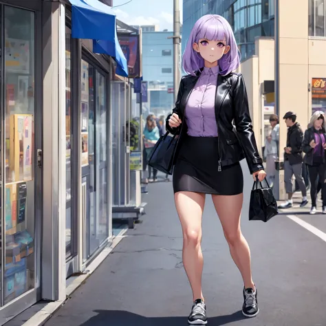 a woman wearing a black leather coat, lilac shirt, black skirt, exposed thigh, sports shoes, weak lilac hair, lilac eyes, full b...