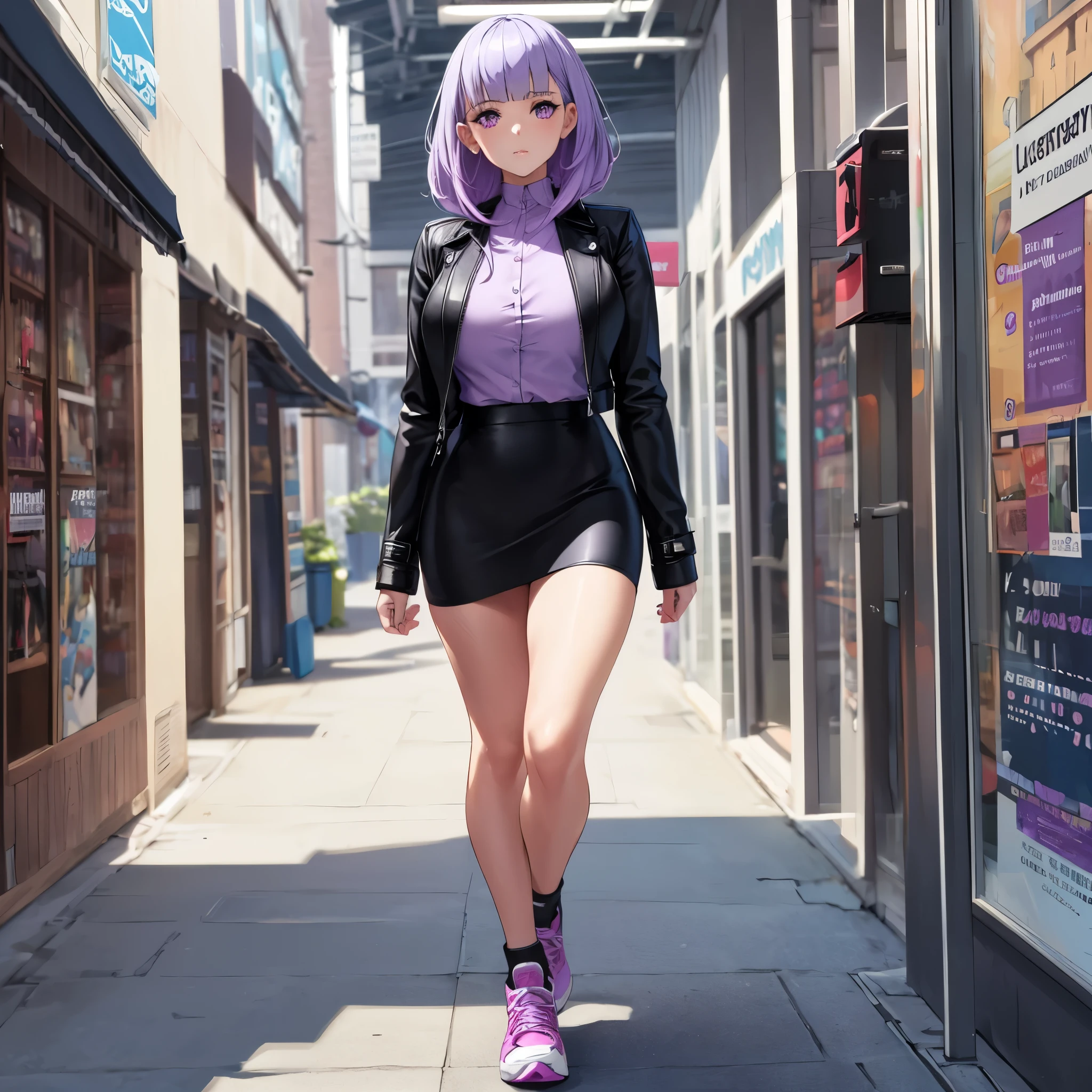 A woman wearing a black leather coat, lilac shirt, black skirt, exposed thigh, sports shoes, weak lilac hair, lilac eyes, full body, walking in front of a large retail market, holding bags, very detailed, ultra defined, high quality, well defined, masterpiece (solo woman)
