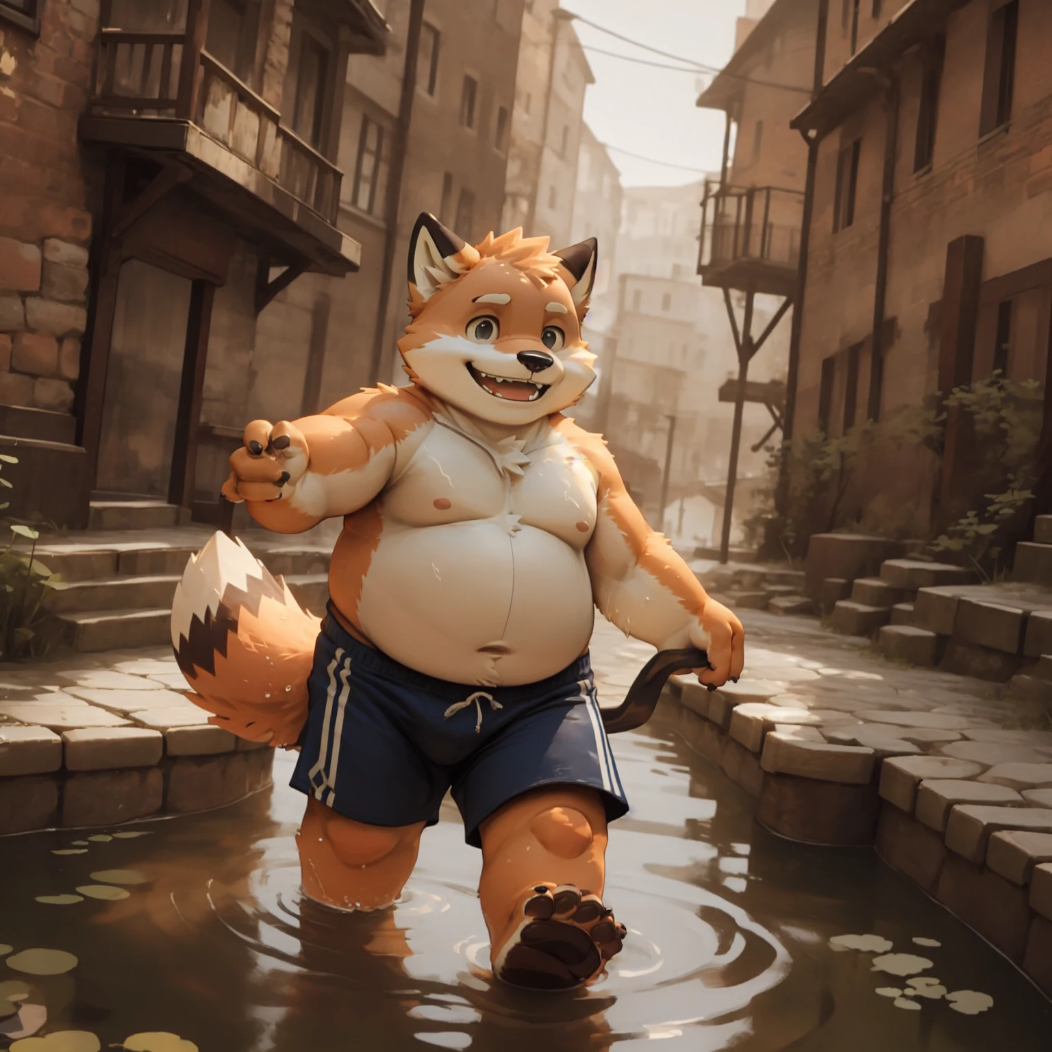 New Jersey 5 Furry，fox，portrait,Exquisite，Chubby，Orange plush fur，Cute face，Handsome，，Topless，shorts，riverside，cobblestone，Playing in the water，Play，Smile