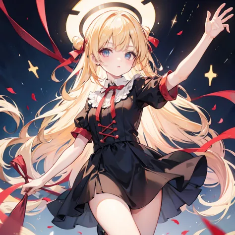 Blonde　girl　As tall as a child　She has a red ribbon on her head　A black dress over a dress shirt　With arms outstretched　Eye colo...