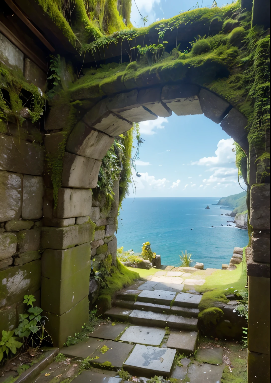 (masterpiece、highest quality:1.2)、8k、You can see the ocean、Ancient ruins built on the edge of a cliff、Crumbling ruins of unknown age、It is covered with moss and ivy.、Beautiful Japanese