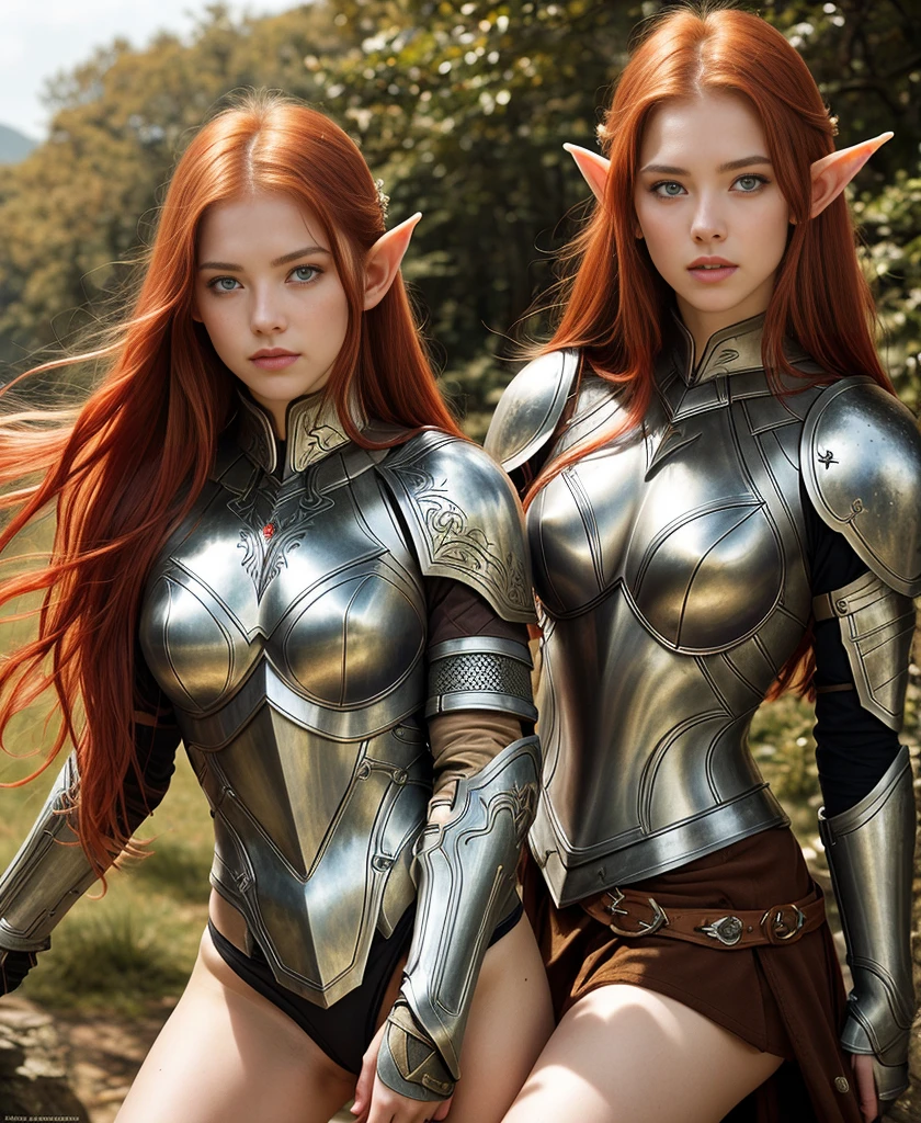 Masterpiece, a beautiful female elf knight (Nata Lee), bright eyes, red hair, broad shoulders, strong body, high detail pale skin with light freckles, high detail filigree armor,  outside, (skin texture:1.1), best quality, ultra high res, Raw photo, Nikon D850, backlight, rimlight, bright sunlight, film grain:1.2, (warm hue, warm tone:1.2), (color photo), fantasy landscape background