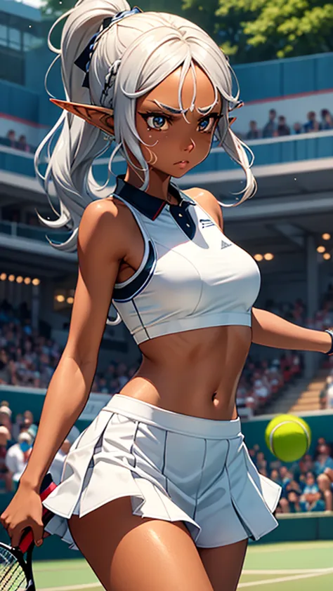 One elf woman, tanned brown skin, beautiful silver hair, pointed ears, upper body depiction, ponytail, tennis wear, tennis court...