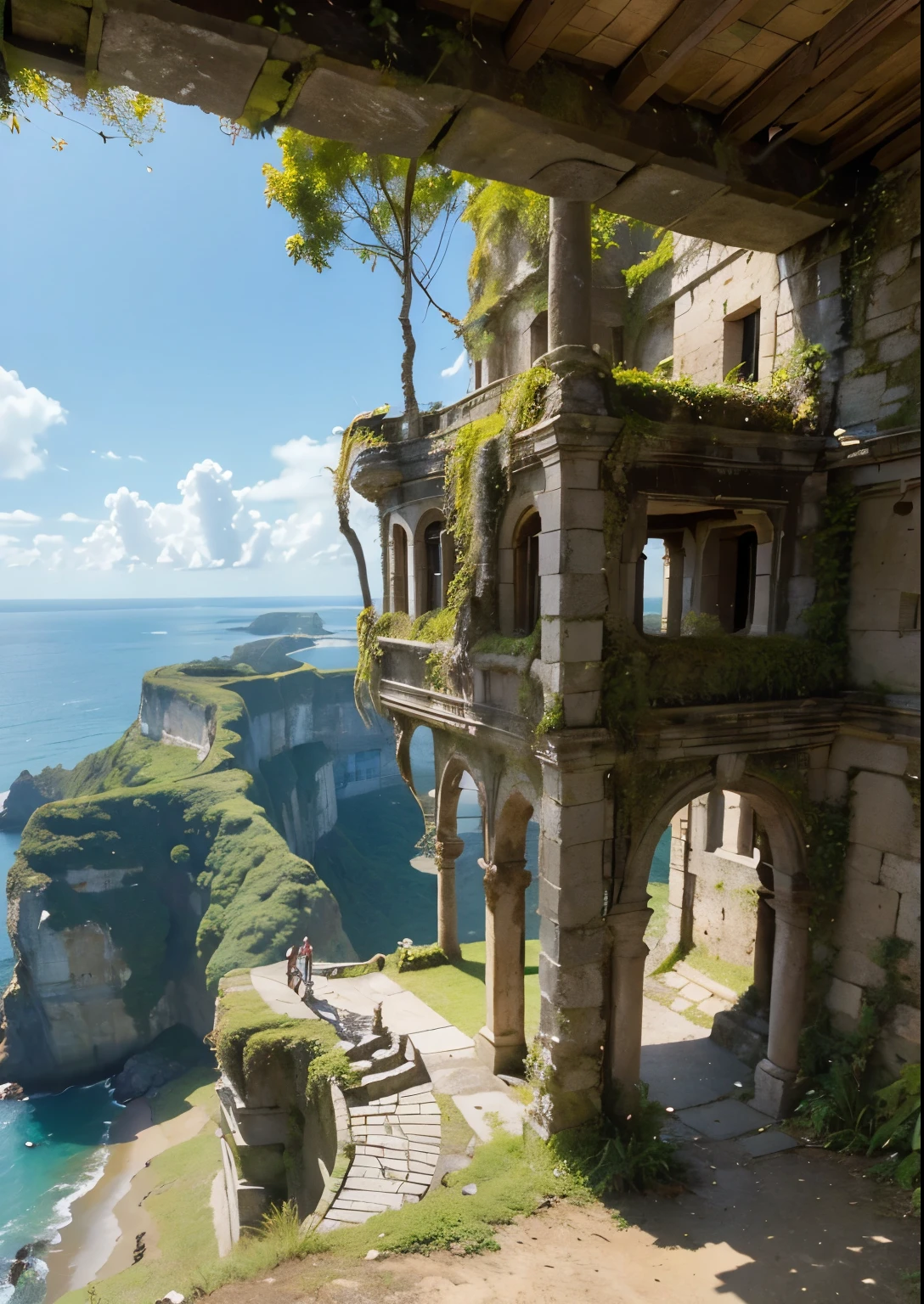 (masterpiece、highest quality:1.2)、8k、You can see the ocean、Ancient ruins built on the edge of a cliff、Ruins of an unknown civilization floating in the sky、Crumbling ruins of unknown age、Giant Vine、It is covered with moss and ivy.