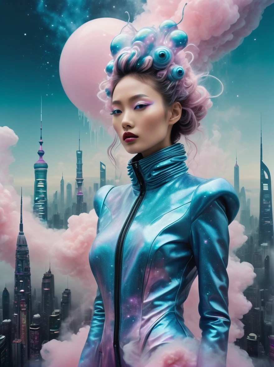 Step into a dreamscape where a high fashion model dons an avant-garde version of the Zhongshan suit by Yohji Yamamoto. This low angle view for V Magazine taken in a futuristic Shanghai skyline, demonstrates the visionary aesthetic of Pierre et Gilles