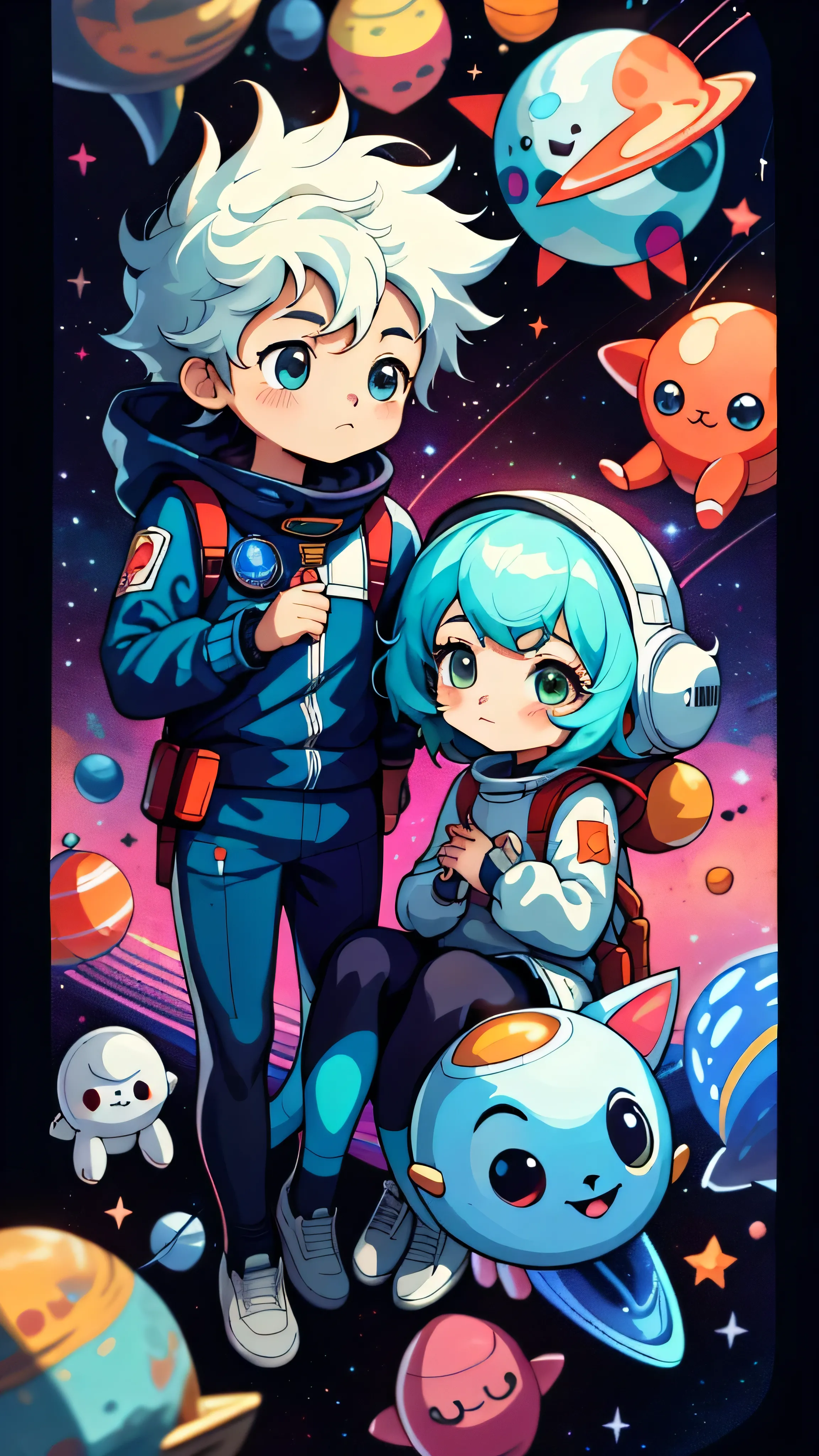 Anime-style illustration of a boy and a girl in space, accompanied by a fluffy kitten. An official fan art piece, as they explore the depths of the universe in their shiny spaceship. The boy and girl are dressed in suits adorned with stars and planets, their eyes wide with awe as they gaze at the starry sky. The kitten, carefully secured in its own little astronaut outfit, peeks curiously from the cockpit window. The scene is filled with vibrant colors, intricate details, and a sense of lightness and cuteness that heightens the excitement of deep space exploration. The galaxies swirl around them in a breathtaking display of cosmic beauty. A