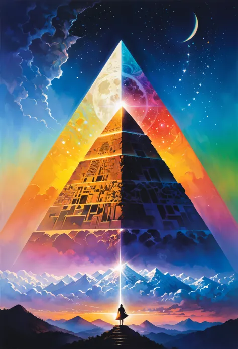 Close-up, album cover, mysterious silhouette woman, (light ray shining on pyramid prism splitting in rainbow colours, dark side ...