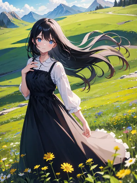 1girl, long black hair, blue eyes, wearing dress, in nature, moutains, grassfield, sky, flowers, floting hair, absurdres, high r...