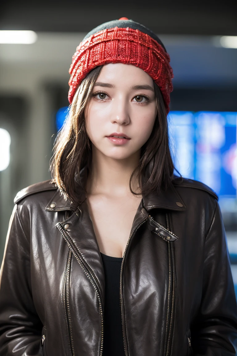 ((8k:1.27), best quality, masterpiece, ultra highres:1.2) Photo of Pretty Japanese woman
 (beautiful:1.1) (sci-fi warrior woman:1.1) space soldier, (beanie:1.61) (leather jacket:1.21) intricate elegant, fantasy, detailed, ometric by greg rutkowski and alphonse mucha, gradient lighting, (gigantic breasts:1.5), small eyes,