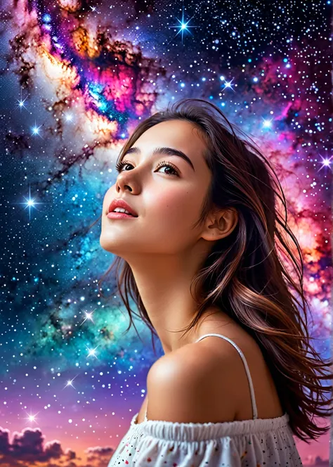 alto detalhe, super detalhe, super high resolution, girl enjoying her time in dream galaxy, rodeado de estrelas, luz quente polv...
