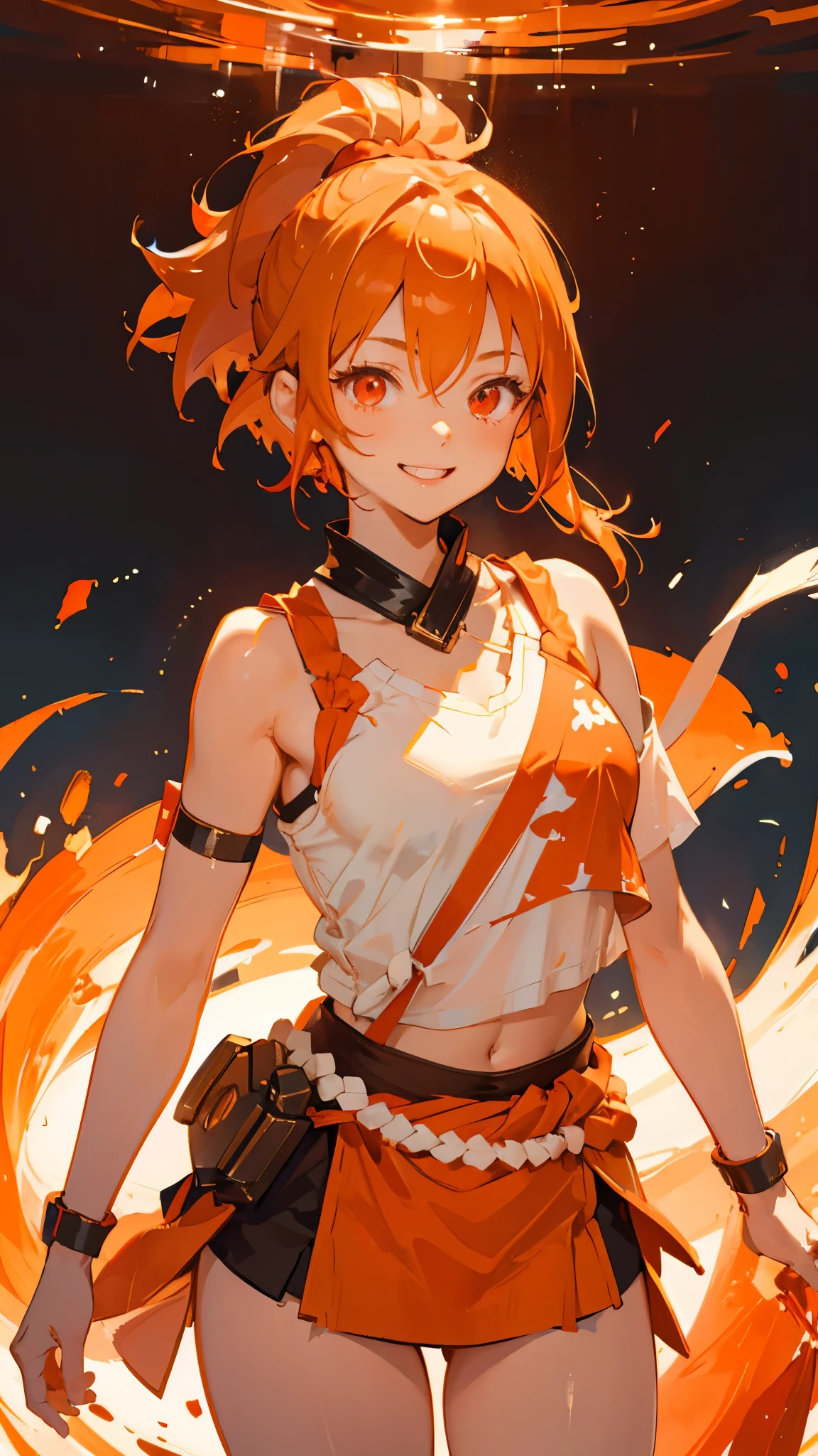 masterpiece、highest quality、1 girl、Orange Hair、ponytail、Round red eyes、short hair、camisole、Loincloth、smile