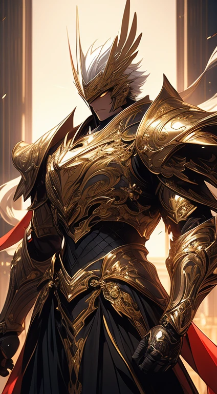 A man, silver hair, gold Eagle knight, fine armor, intricate design, red details, silk, cinematic lighting, 4k, floating hair, sharp, prism, shining knight