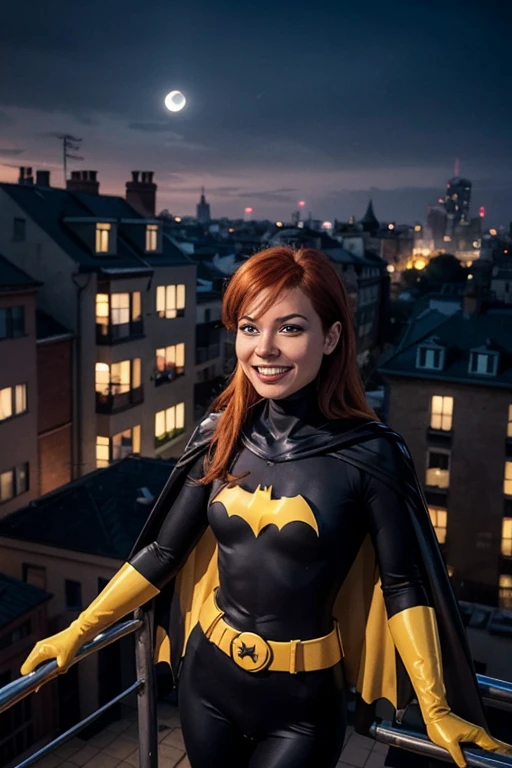 babs, red hair, blue eyes, black bodysuit, belt, cape, gloves, looking at viewer, smiling, happy, 
outside, apartment roof, cityscape, night, moon, extreme detail, hdr, beautiful quality,   