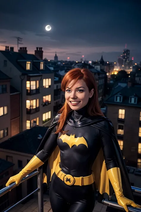 babs, red hair, blue eyes, black bodysuit, belt, cape, gloves, looking at viewer, smiling, happy, 
outside, apartment roof, city...