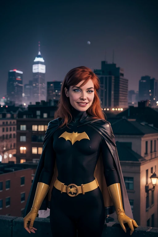 babs, red hair, blue eyes, black bodysuit, belt, cape, gloves, looking at viewer, smiling, happy, 
outside, apartment roof, cityscape, night, moon, extreme detail, hdr, beautiful quality,   