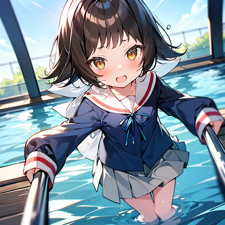 1 girl、mashiromitsumine, mashiro mitsumine, (Brown eyes:1.5), Brown Hair, ponytail, (Flat Chest:1.2), break grey skirt, Long sleeve, neck ribbon, red ribbon, ribbon, Sailor collar, skirt, white Sailor collar, (Blue Shirt:1.5), break looking at viewer, Low - Angle、(whole body), break indoors, School swimming pool, (Lots of water)、Wet、(skirtを引っ張る:1.6)、skirtが水面に広がります、Completely flooded、whole bodyが水に浸かる、((Transparent pool)))、swim、Water Play、break (masterpiece:1.2), highest quality, High resolution, unity 8k wallpaper, (shape:0.8), Highly detailed face, Perfect lighting, Extremely detailed CG、(panty flashing)、(skirt全開)、ロングワイドskirt、cute、blush、Watery eye