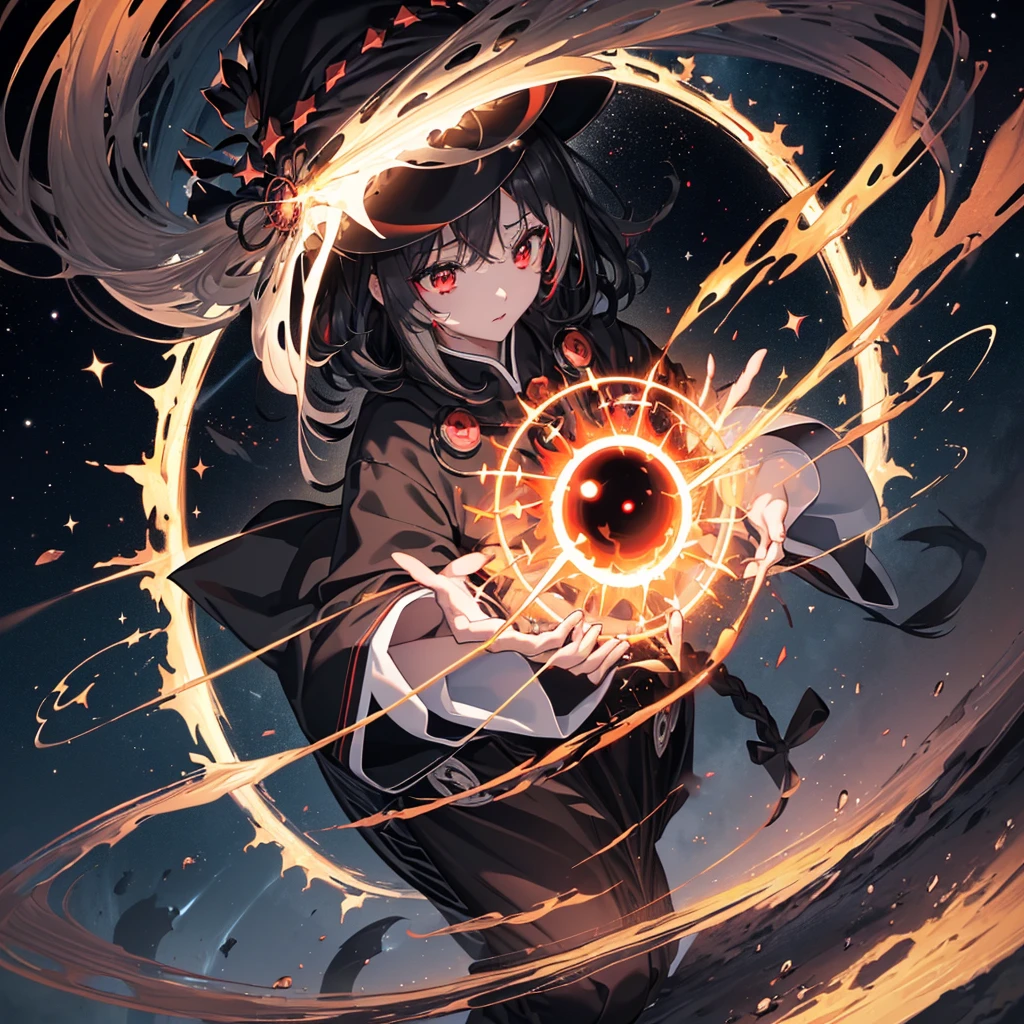 ((Black Hair　magic circle　Witch Hat　Red eyes))　((explosion　Explosion　Cane　starのペンダント　fire　beam))　(Magic Robe　shine　star　Streaks of Light　Black Hole)　moon　彗star　incantation　Runes　cool