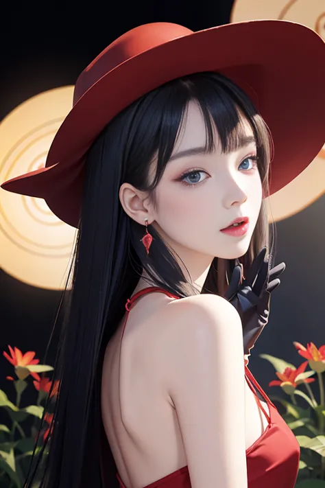 tsuruta ichiro, Narrow-eyed, 1girl in, Allback、Solo, Cowgirl, hat, red headwear、Red dress, ((mideum breasts)), (Super long hair:...