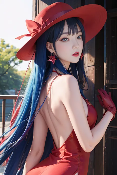 tsuruta ichiro, Narrow-eyed, 1girl in, Allback、Solo, Cowgirl, hat, red headwear、Red dress, ((mideum breasts)), (Super long hair:...