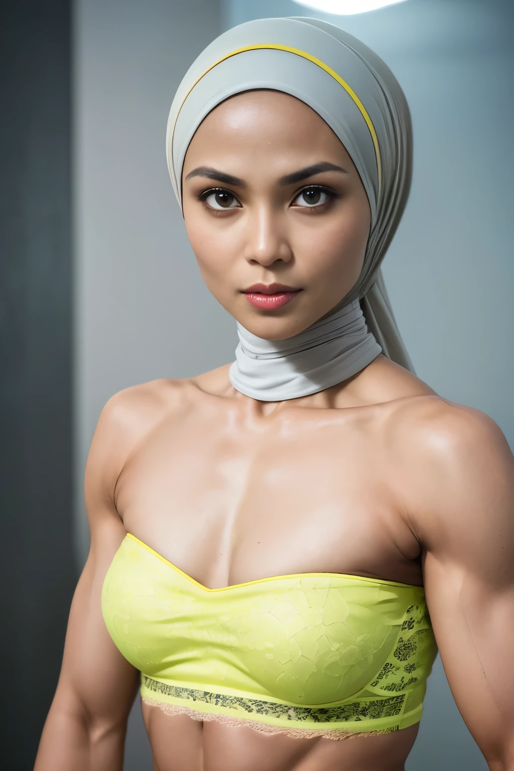 ((SHORT HIJAB)), ((Flat chest:1.7)), (dynamic photograph of a 58 year old Indonesian woman), (slim top, cotton panties), (straight non curly hair), (highly detailed face:1.4), (vascular muscles and abs:1.3), (background inside light, bright, private gym:1.1), (8k, uhd, dslr, high quality, cinematic lighting, bokeh), (dramatic, award winning photography, incredible masterpiece:1.3), (((sexy sultry stare at camera:0.8))), close up, ((she is ready to dominate you:0.5)), ((beautiful feminine face)) (she is a champion MMA fighter), add_detail:1, ((Wearing strapless pastel)) lace yellow fluorescence , from behind view, seductive pose, straddling ,