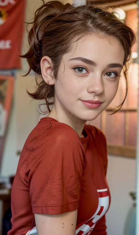 Photo of a 15 year-old American girl, .raw, beautiful woman, (Long brown hair with ponytail.), light brown hair ponytail hairstyle((portrait)), ((detailed face:1.2)), ((Detailed facial features)), (Piel finamente detallada), Pale skin , blue eyes , small nose , 、a sexy one(cold color), wet, wet, Reflectoreasutepiece) (proporciones perfectaotos realistas)(The best quality) (detailed) fotografiado con una EOS R5 de Canon, 50mm lens, f/2.8, NffSW, (8k) (wallpaper) (cinematic lighting) (Dramatic lighting) (sharp focus) (Convoluted) big breasts , big breasts , freckles on cheeks and nose , Whole body , beautiful teenage body , posing sexy to the camera , posando de frente para la camara ,cute makeup , big smile  , fondo variado , showing sports outfit