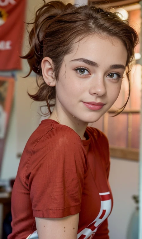 Photo oF a 15 year-old American girl, .crudo, beautiFul woman, (Long brown hair with ponytail.), light brown hair ponytail hairstyle((retrato)), ((Cara detallada:1.2)), ((Detailed Facial Features)), (Piel Finamente detallada), pale skin , ojos azules , Small nose , 、un sexy(cold color), wet, wet, ReFlectoreasutepiece) (proporciones perFectaotos realistas)(La mejor calidad) (Detallado) FotograFiado con una EOS R5 de Canon, lente de 50 mm, F/2.8, NFFSW, (8k) (papel tapiz) (cinematic lighting) (dramatic lighting) (sharp Focus) (Enrevesado) senos grandes , pechos grandes , pecas en mejillas y nariz , cuerpo completo , hermoso cuerpo de adolesente , posando sexy a la camara , posando de Frente para la camara ,lindo maquillaje , gran sonrisa  , Fondo variado , mostrando outfit deportivo