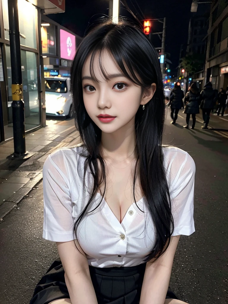 cyber punk, highest quality, masterpiece, shape, Realistic, photo-Realistic, wonderful, finely, Very detailed, High resolution, Very detailed, unity 8k wallpaper, Full body shot of a beautiful young woman with Korean-style features resembling a popular actress, Button-up shirt, mini Pleated Skirt ニーハイソックス, (Very small breasts), thin, She has pink and bluish eyeshadow, bangs, Black Hair, Long Hair, head, look up, night, On the streets of Shibuya, Squat down and look here, Narrow eyes, 細長い目のshape, Three white eyes, Wicked Smile, Very slender and beautiful legs, Beautiful and thin thighs, Earrings, Estrus